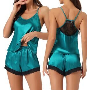 Cheibear Satin Silky Teal Sleeveless black lace trim camisole shorts set New S